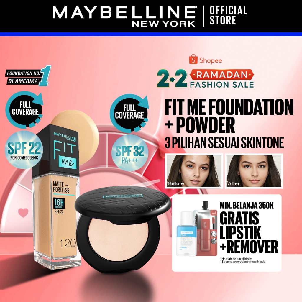Maybelline Paket Makeup FIT ME Compact Powder + FIT ME Liquid Foundation FREE GIFT | Oil Control Tah