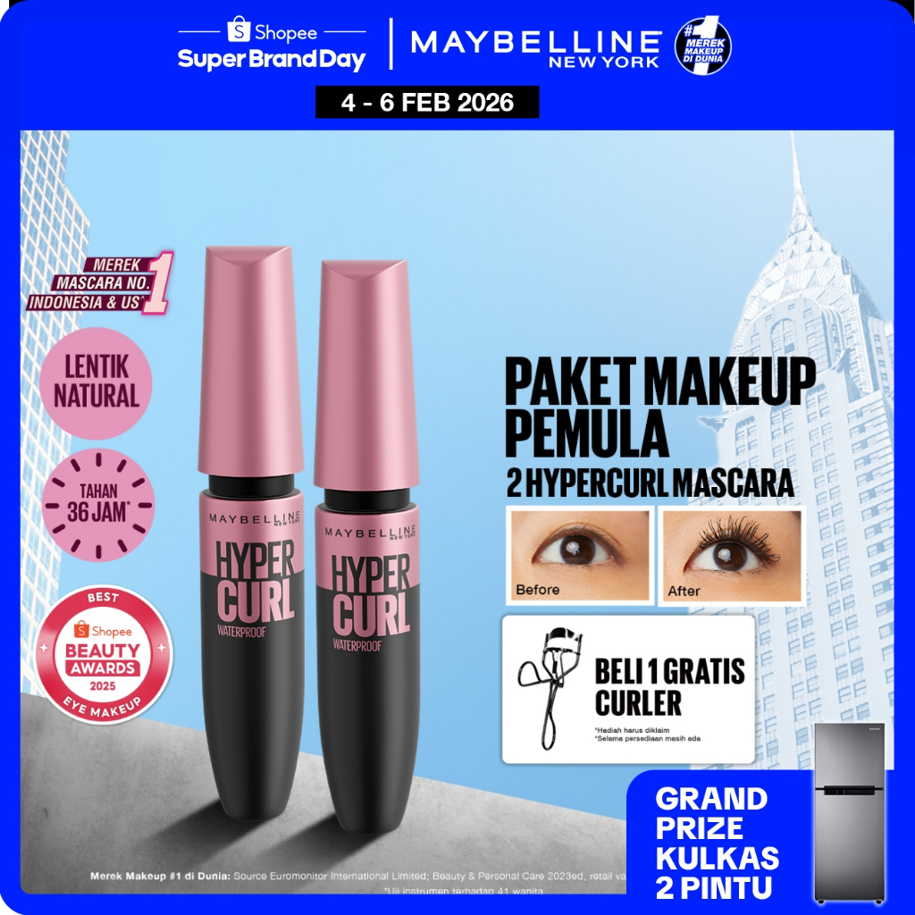 (PAKET HEMAT ISI 2) Maybelline Volum Express Hypercurl Waterproof Mascara Make Up - Black (Maskara W