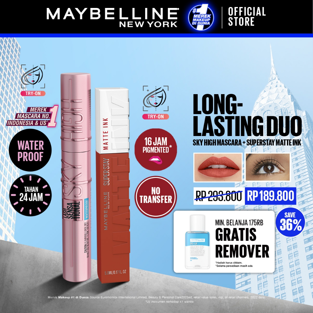 MAYBELLINE OFFICIAL Long Lasting Duo - Sky High Mascara + Superstay Matte Ink | Paket Mascara Lipsti
