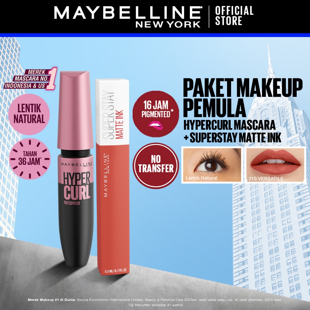 MAYBELLINE OFFICIAL Paket Makeup Anti Transfer Hypercurl Waterproof Mascara + Superstay Matte Ink | 