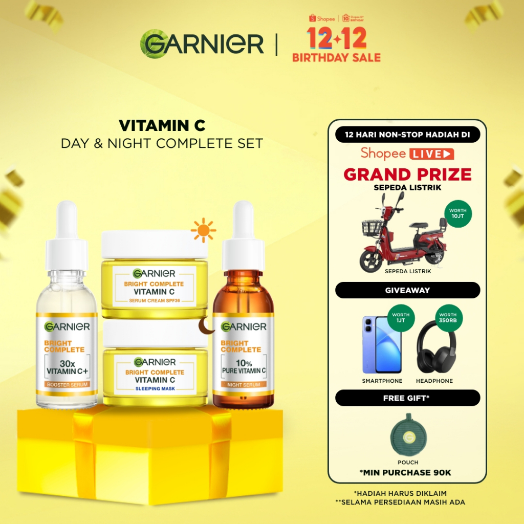GARNIER Paket Skincare 1 set lengkap Complete Kit Vitamin C Serum 30 ml + Overnight Serum 30ml + Nig