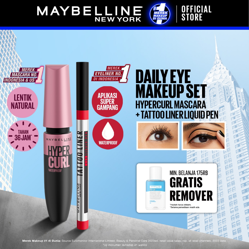 MAYBELLINE OFFICIAL Daily Eye Makeup Bundle Hypercurl Waterproof Mascara + Tattoo Liner 48H Liquid P