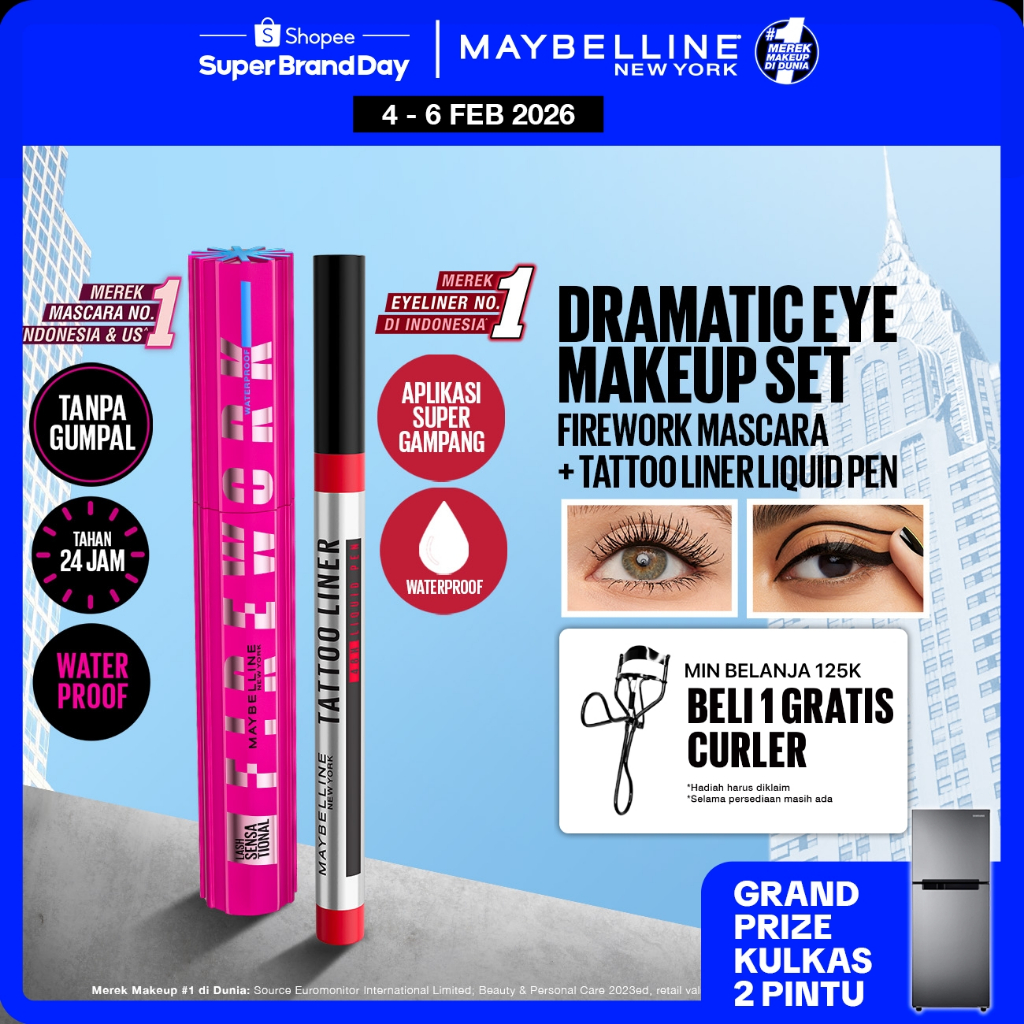 MAYBELLINE OFFICIAL Paket Makeup EYE Firework Mascara + Tattoo 48h Eyeliner - Waterproof Maskara Eye