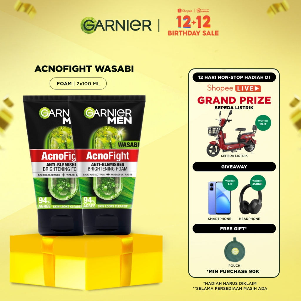 [PAKET HEMAT ISI 2] GARNIER Men Facial Wash Acno Fight Wasabi Anti-Bacteria Brightening Skincare 100