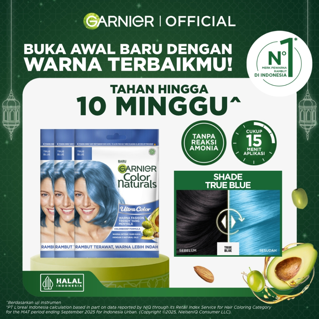 GARNIER Hair Colour Pewarna Rambut Permanen ISI 3 Sachet 20ml True Blue | Cat Rambut Tanpa Amonia Co
