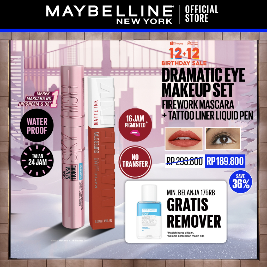 MAYBELLINE OFFICIAL Long Lasting Duo - Sky High Mascara + Superstay Matte Ink | Paket Mascara Lipsti