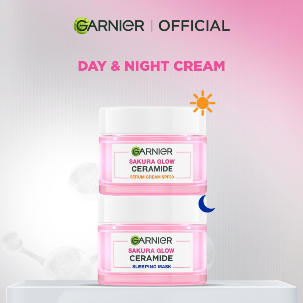GARNIER Sakura Glow Ceramide Skin Barrier Simple Set Day Cream & Night Cream 50 ml Krim Siang & Krim