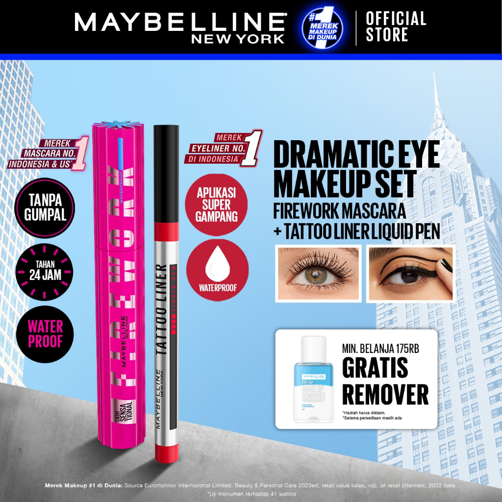 MAYBELLINE OFFICIAL Paket Makeup EYE Firework Mascara + Tattoo 48h Eyeliner - Waterproof Maskara Eye