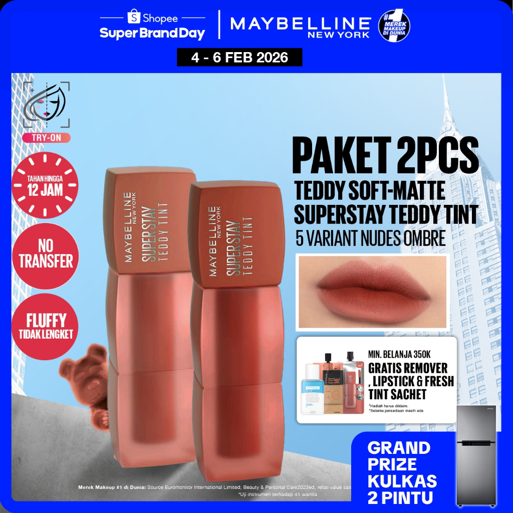 MAYBELLINE OFFICIAL Superstay Teddy Tint 2 pcs 5 mL - Teddy Soft Matte Tahan 12 Jam Lipstick Lipcrea