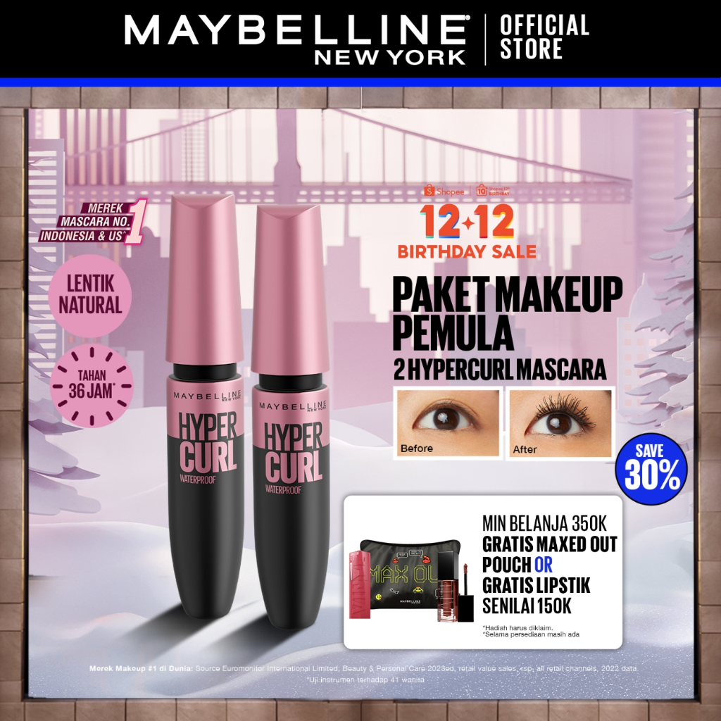 (PAKET HEMAT ISI 2) Maybelline Volum Express Hypercurl Waterproof Mascara Make Up - Black (Maskara W