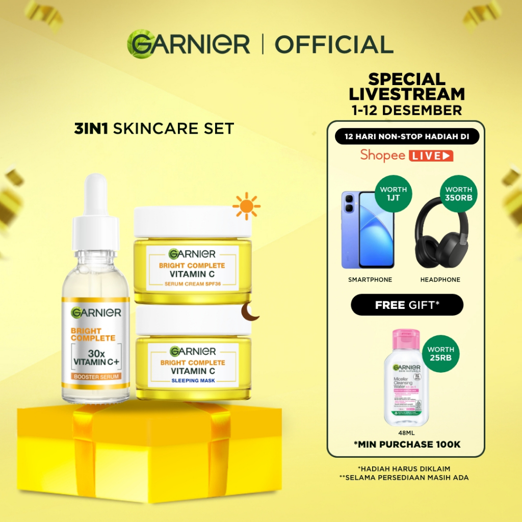 GARNIER Paket Skincare 1 Set Lengkap Vitamin C Brightening Daily Set Serum & Cream| Day Cream 50 ml 