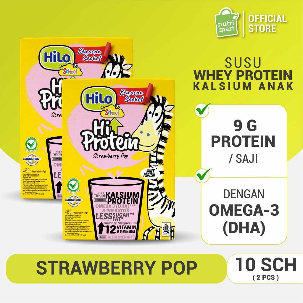 Twin Pack - HILo School Hi Protein Strawberry Pop 10 sch (40g) dengan Whey Protein (2 pcs) - Susu An