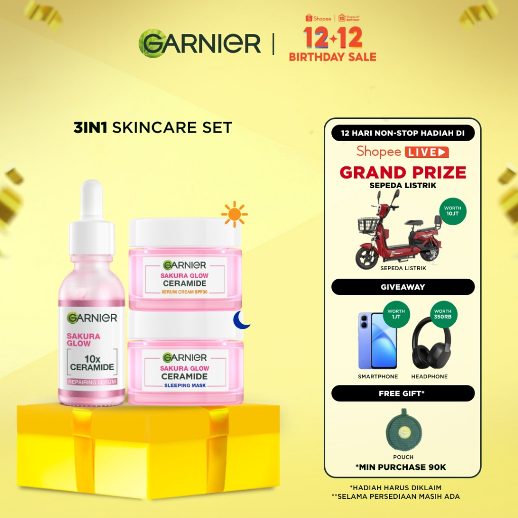 GARNIER Paket Skincare 1 Set Lengkap Sakura Glow Ceramide Skin Barrier Hydrating Daily Set Serum & C