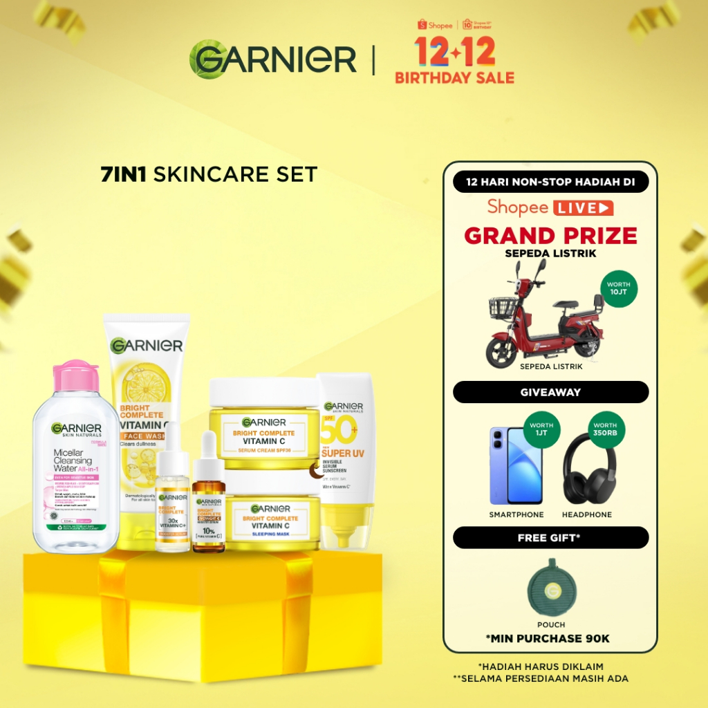 [PAKET HEMAT 7 PCS] GARNIER Paket Skincare 1 set lengkap Complete Kit Vitamin C Serum 30 ml + Overni