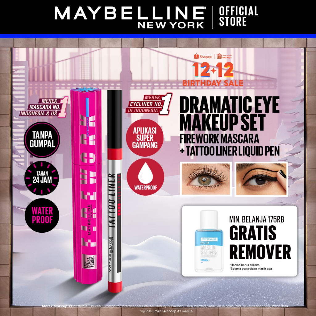 MAYBELLINE OFFICIAL Paket Makeup EYE Firework Mascara + Tattoo 48h Eyeliner - Waterproof Maskara Eye