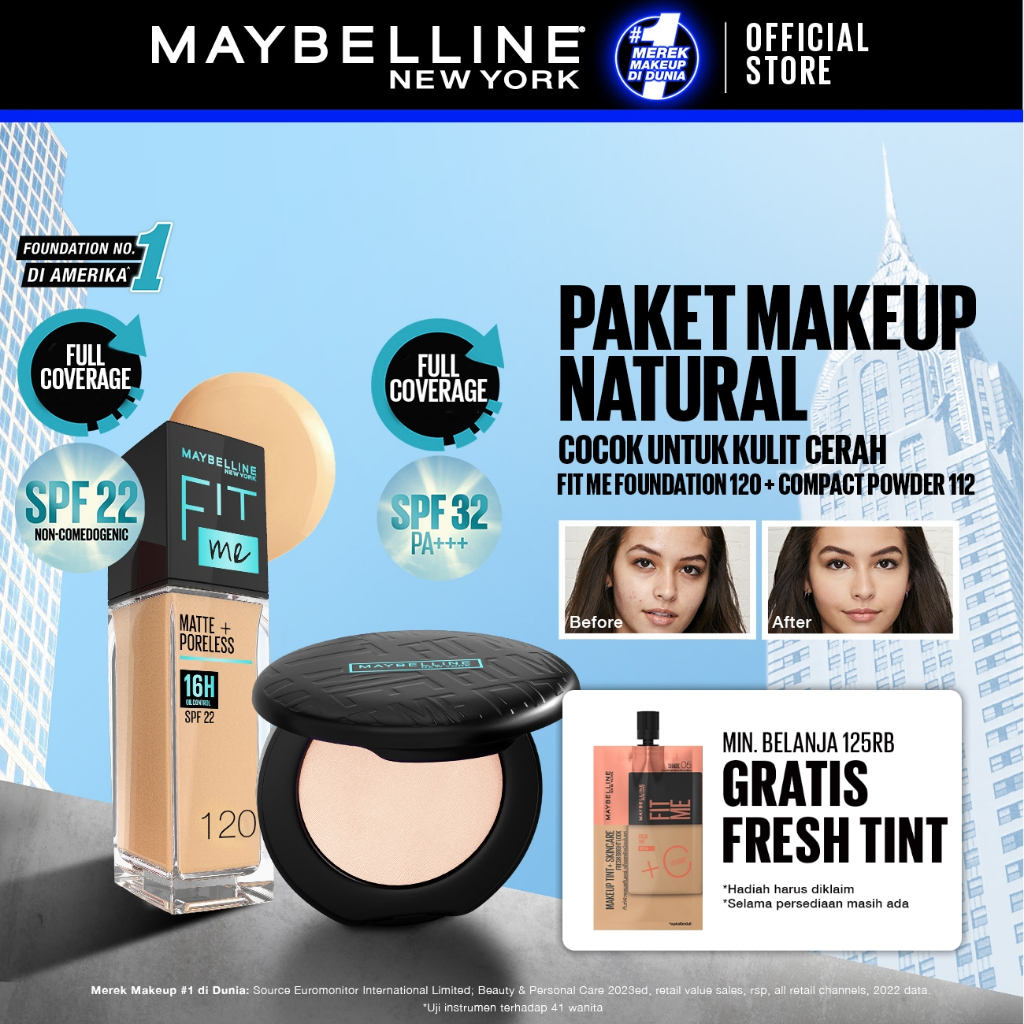 Maybelline Paket Makeup FIT ME Compact Powder + FIT ME Liquid Foundation FREE GIFT | Oil Control Tah