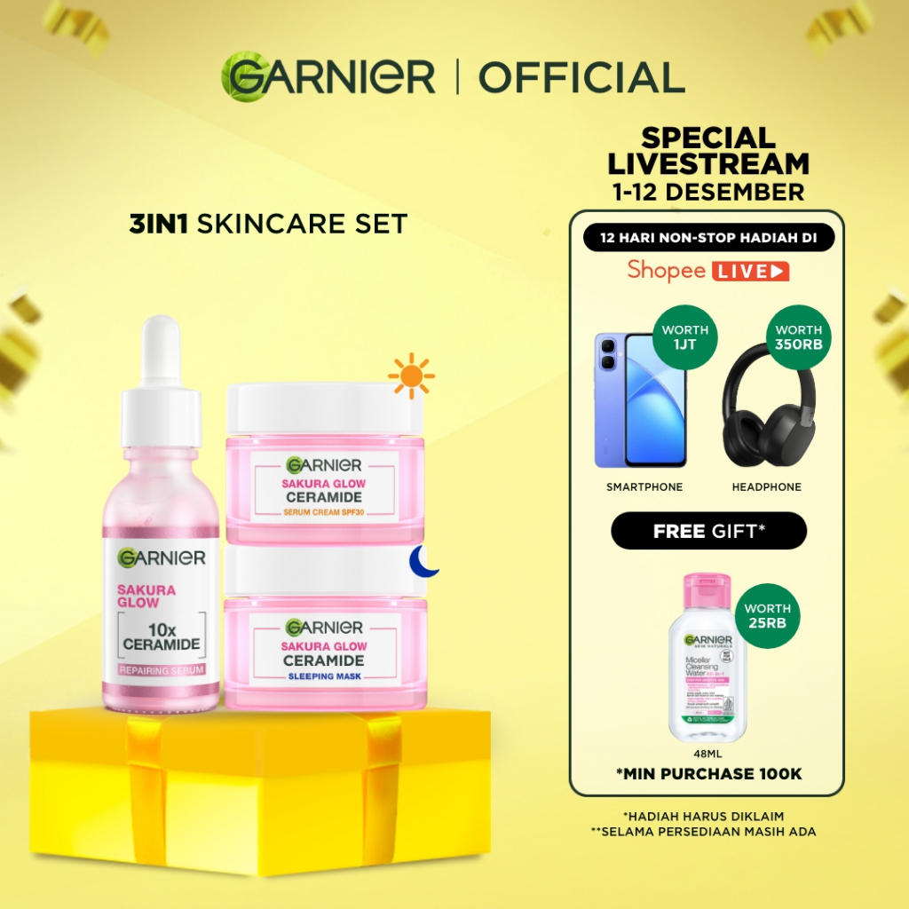 GARNIER Paket Skincare 1 Set Lengkap Sakura Glow Ceramide Skin Barrier Hydrating Daily Set Serum & C