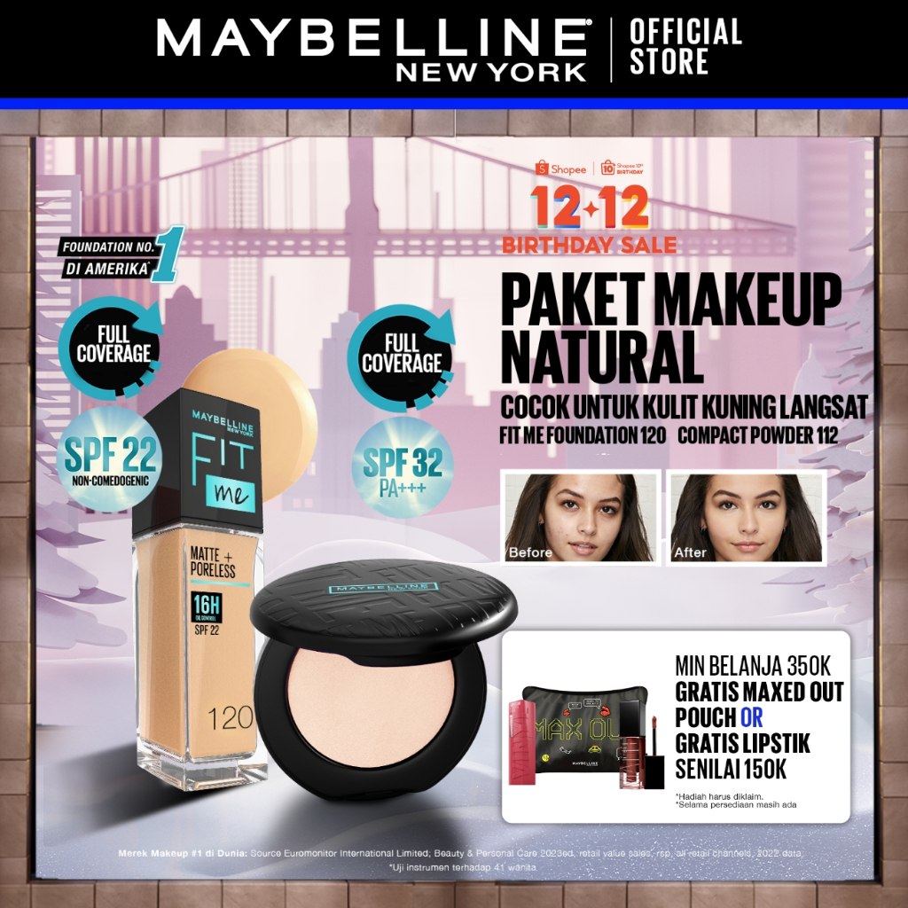 Maybelline Paket Makeup FIT ME Compact Powder + FIT ME Liquid Foundation FREE GIFT | Oil Control Tah