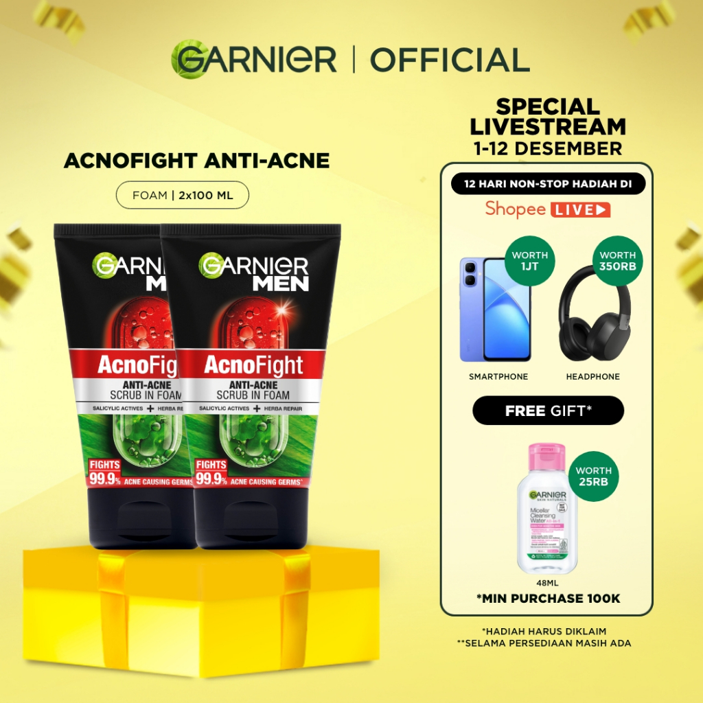 [PAKET HEMAT ISI 2] GARNIER Men Facial Wash Acno Fight Anti-Acne Scrub In Foam Skin Care 100ml Salic