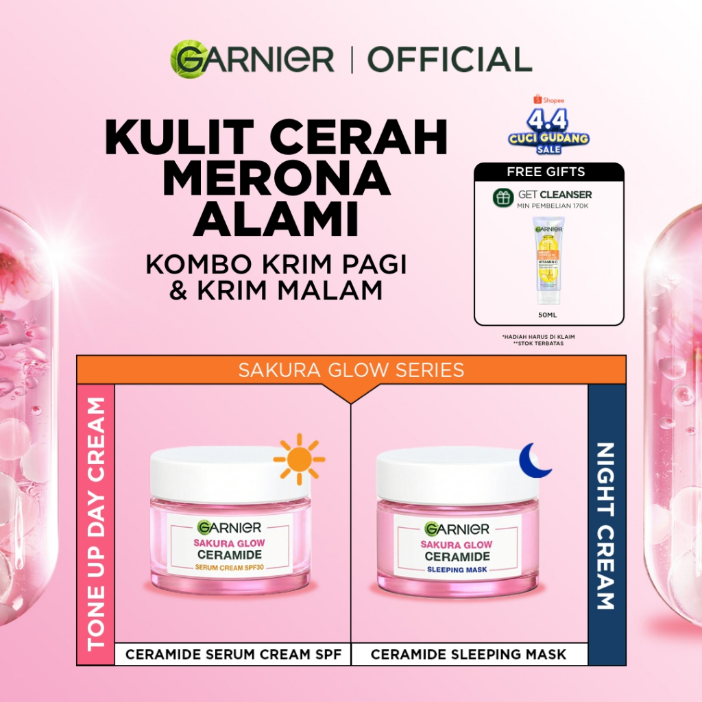 [HOT 4.4 SALE] GARNIER Sakura Glow Ceramide Skin Barrier Simple Set Day Cream & Night Cream 50 ml Kr
