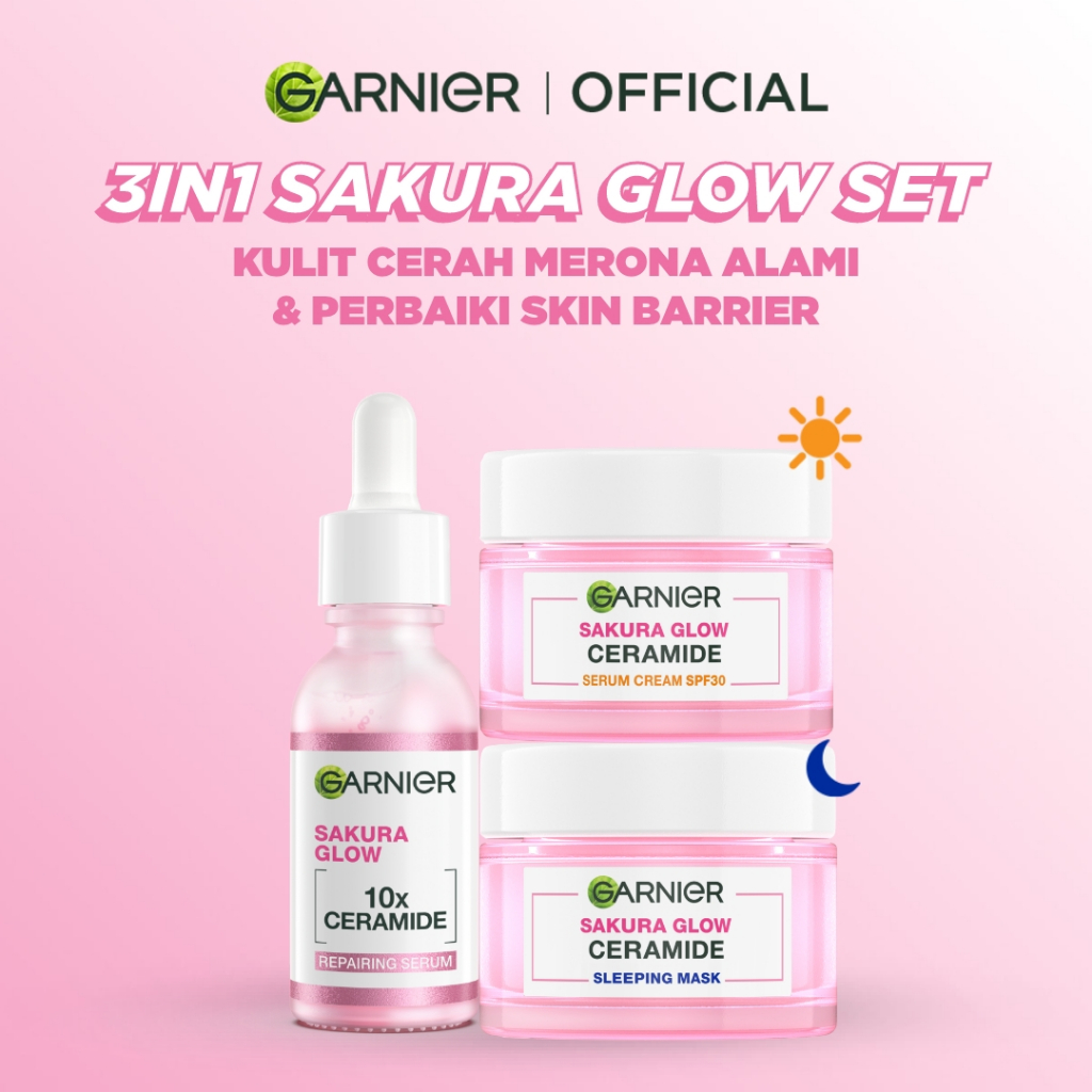 GARNIER Paket Skincare 1 Set Lengkap Sakura Glow Ceramide Skin Barrier Hydrating Daily Set Serum & C