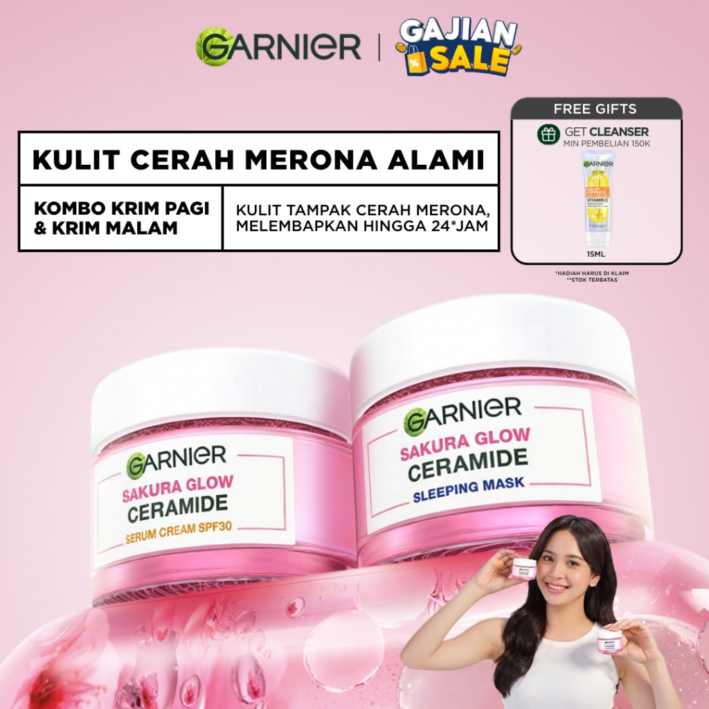 GARNIER Sakura Glow Ceramide Skin Barrier Simple Set Day Cream & Night Cream 50 ml Krim Siang & Krim