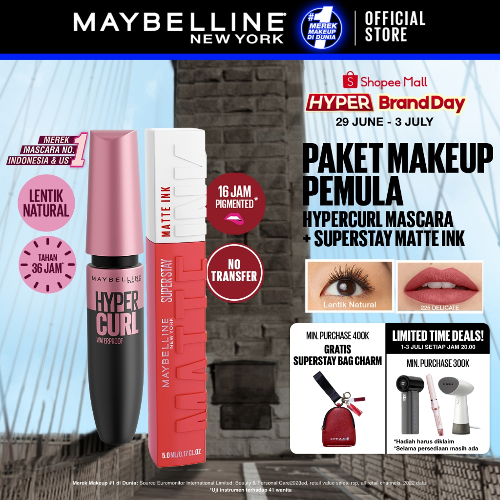 MAYBELLINE OFFICIAL Paket Makeup Anti Transfer Hypercurl Waterproof Mascara + Superstay Matte Ink | 