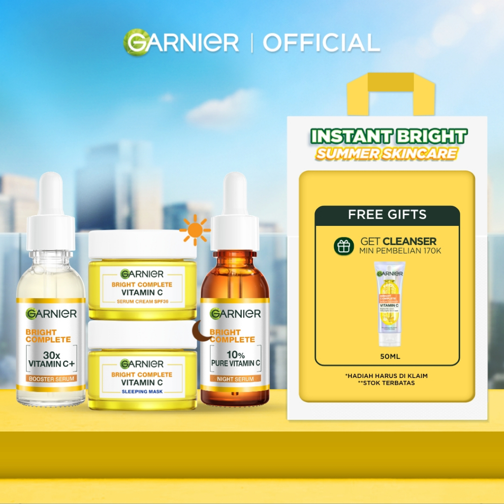 GARNIER Paket Skincare 1 set lengkap Complete Kit Vitamin C Serum 30 ml + Overnight Serum 30ml + Nig