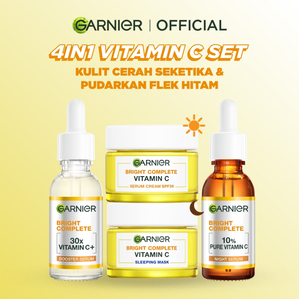 GARNIER Paket Skincare 1 set lengkap Complete Kit Vitamin C Serum 30 ml + Overnight Serum 30ml + Nig