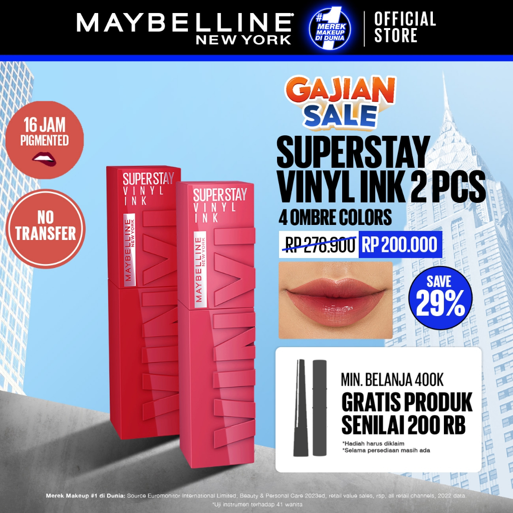 MAYBELLINE OFFICIAL Paket Hemat Superstay Vinyl Ink 2 pcs Ombre Set Lipstick Long Lasting