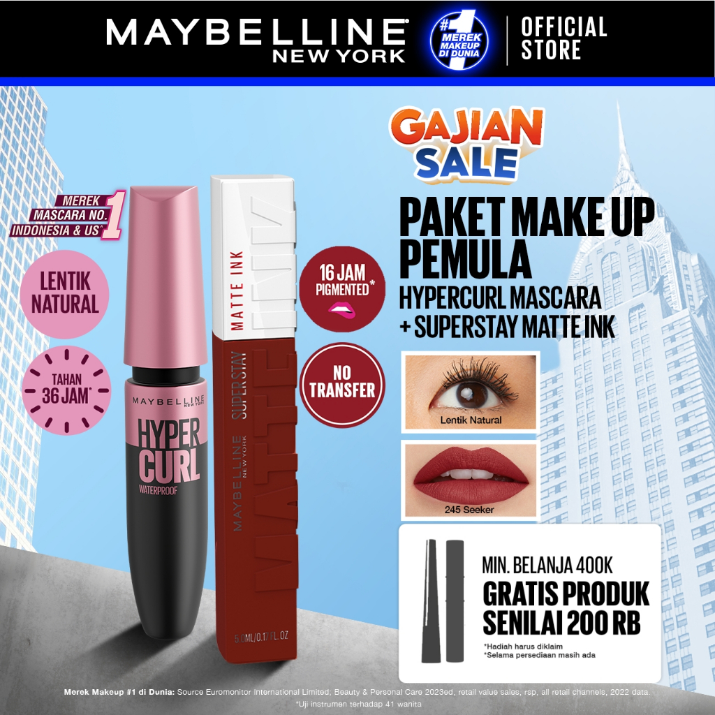 MAYBELLINE OFFICIAL Paket Makeup Anti Transfer Hypercurl Waterproof Mascara + Superstay Matte Ink | 