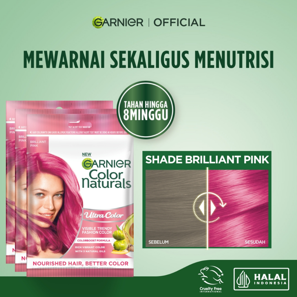 GARNIER Hair Colour Pewarna Rambut Permanen ISI 3 Sachet 20ml Brilliant Pink | Cat Rambut Tanpa Amon