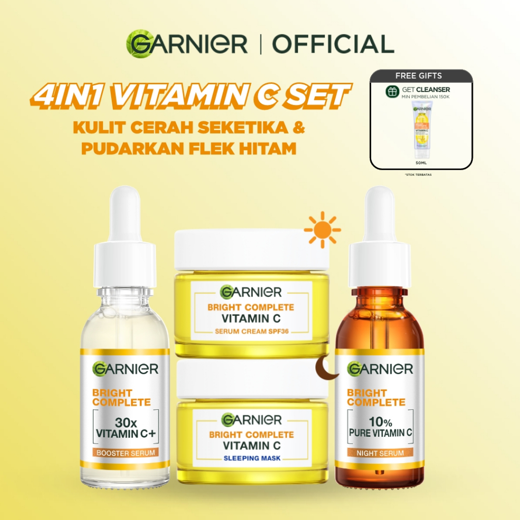 GARNIER Paket Skincare 1 set lengkap Complete Kit Vitamin C Serum 30 ml + Overnight Serum 30ml + Nig
