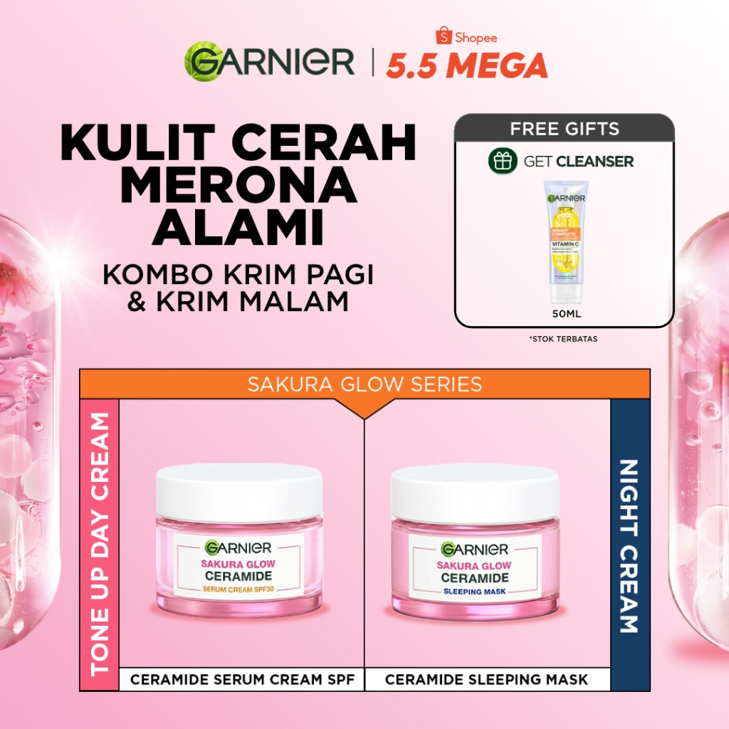[5.5 HOT SALE] GARNIER Sakura Glow Ceramide Skin Barrier Simple Set Day Cream & Night Cream 50 ml Kr