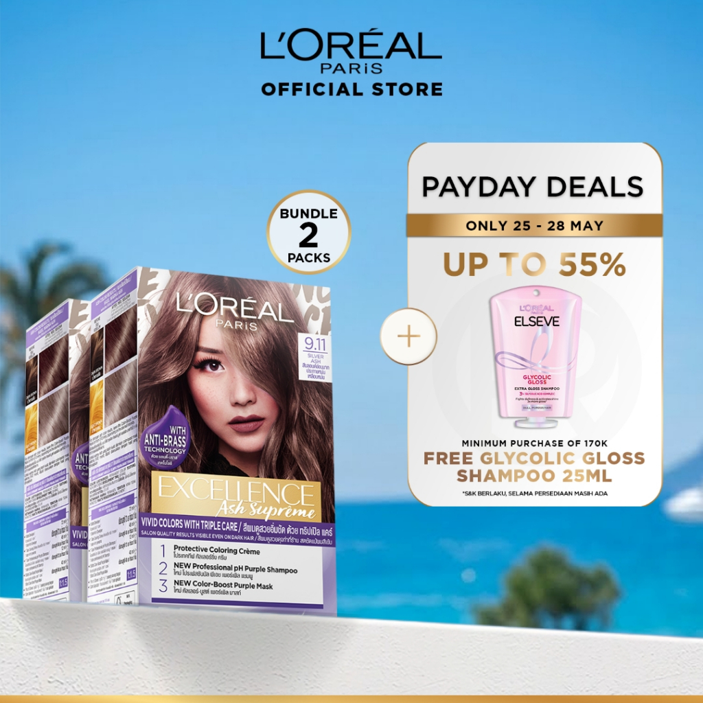L'Oreal Paris Excellence Ash Supreme #9.11 Silver Ash Hair Color Twinpack (Cat Rambut L'Oreal)
