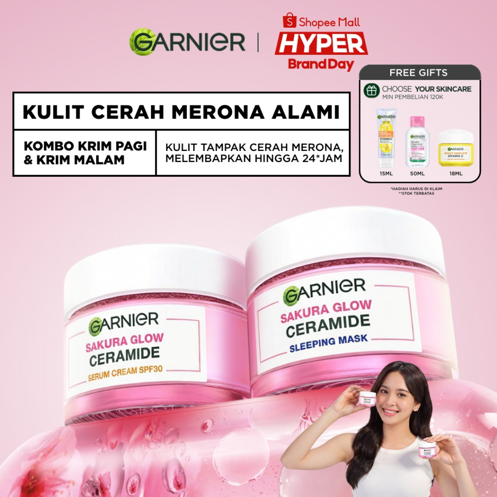 GARNIER Sakura Glow Ceramide Skin Barrier Simple Set Day Cream & Night Cream 50 ml Krim Siang & Krim