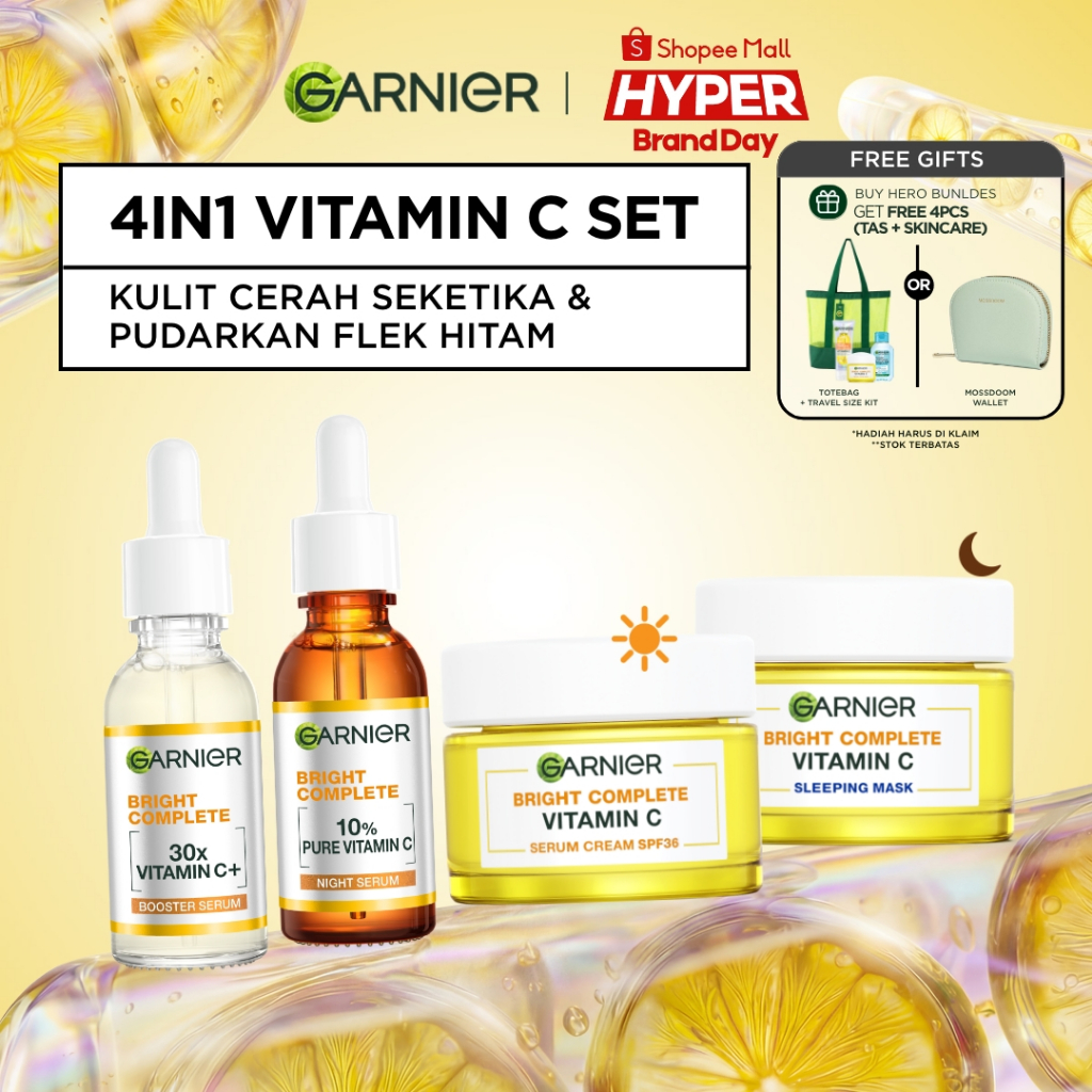 GARNIER Paket Skincare 1 set lengkap Complete Kit Vitamin C Serum 30 ml + Overnight Serum 30ml + Nig