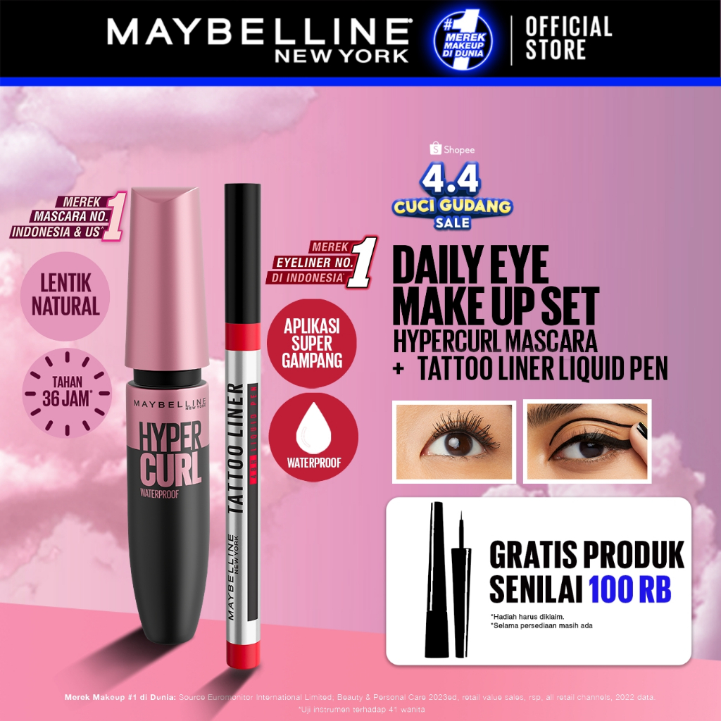 MAYBELLINE OFFICIAL Daily Eye Makeup Bundle Hypercurl Waterproof Mascara + Tattoo Liner 48H Liquid P