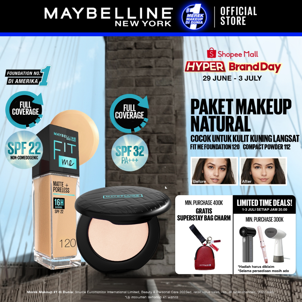 Maybelline Paket Makeup FIT ME Compact Powder + FIT ME Liquid Foundation FREE GIFT | Oil Control Tah