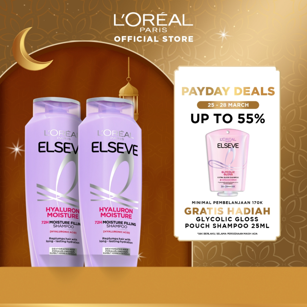 (PAKET HEMAT ISI 2) L’Oreal Paris ELSEVE Hyaluron Moisture Shampoo - 280 ml (Hyaluronic Acid 72 Jam 