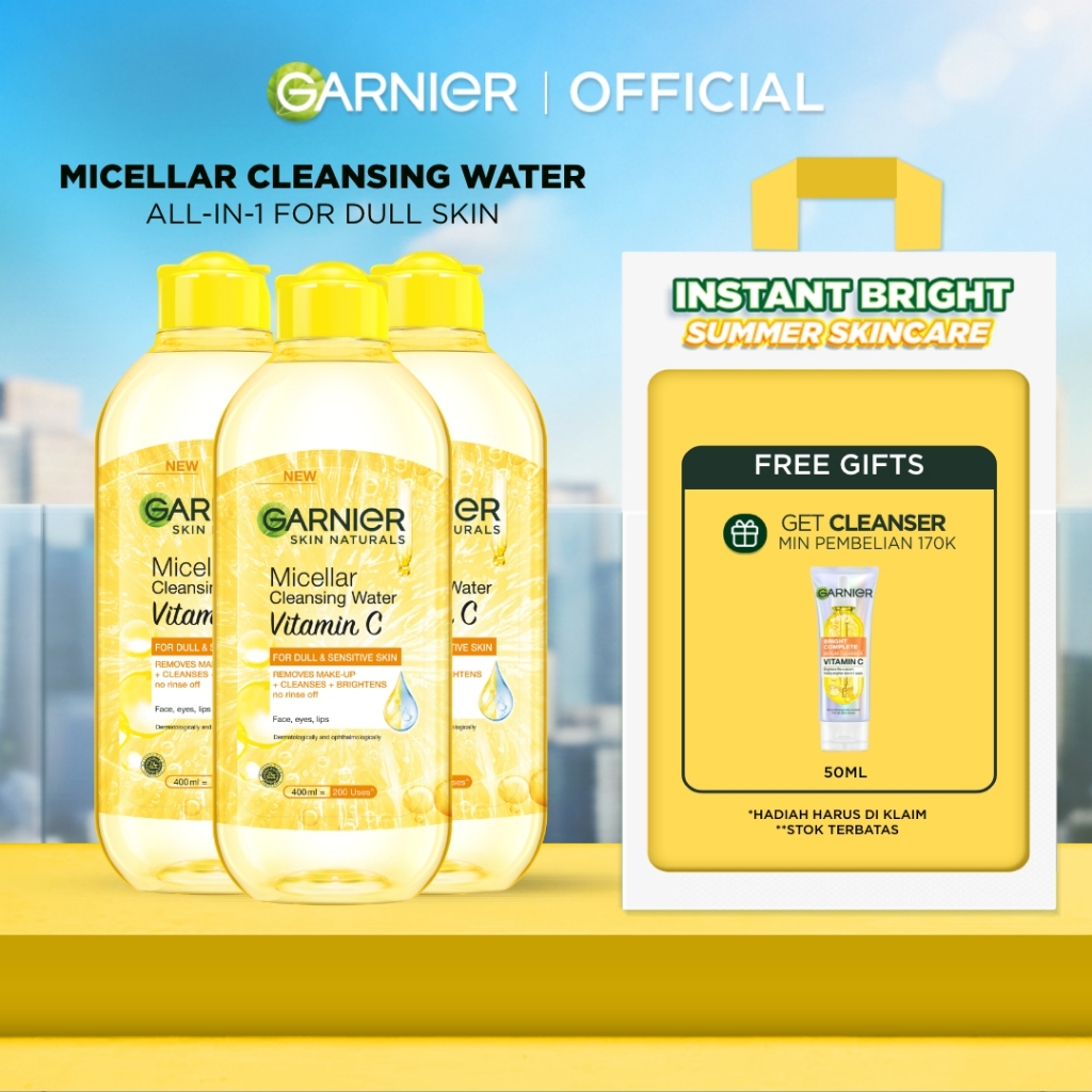 (PAKET HEMAT ISI 3) Garnier Micellar Water Vitamin C - 400ml - Skincare Pembersih Wajah & Makeup Kul