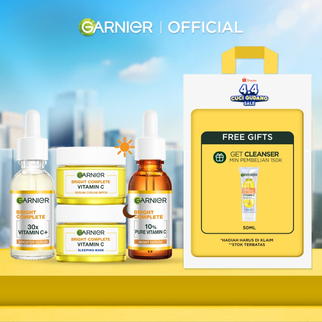 GARNIER Paket Skincare 1 set lengkap Complete Kit Vitamin C Serum 30 ml + Overnight Serum 30ml + Nig