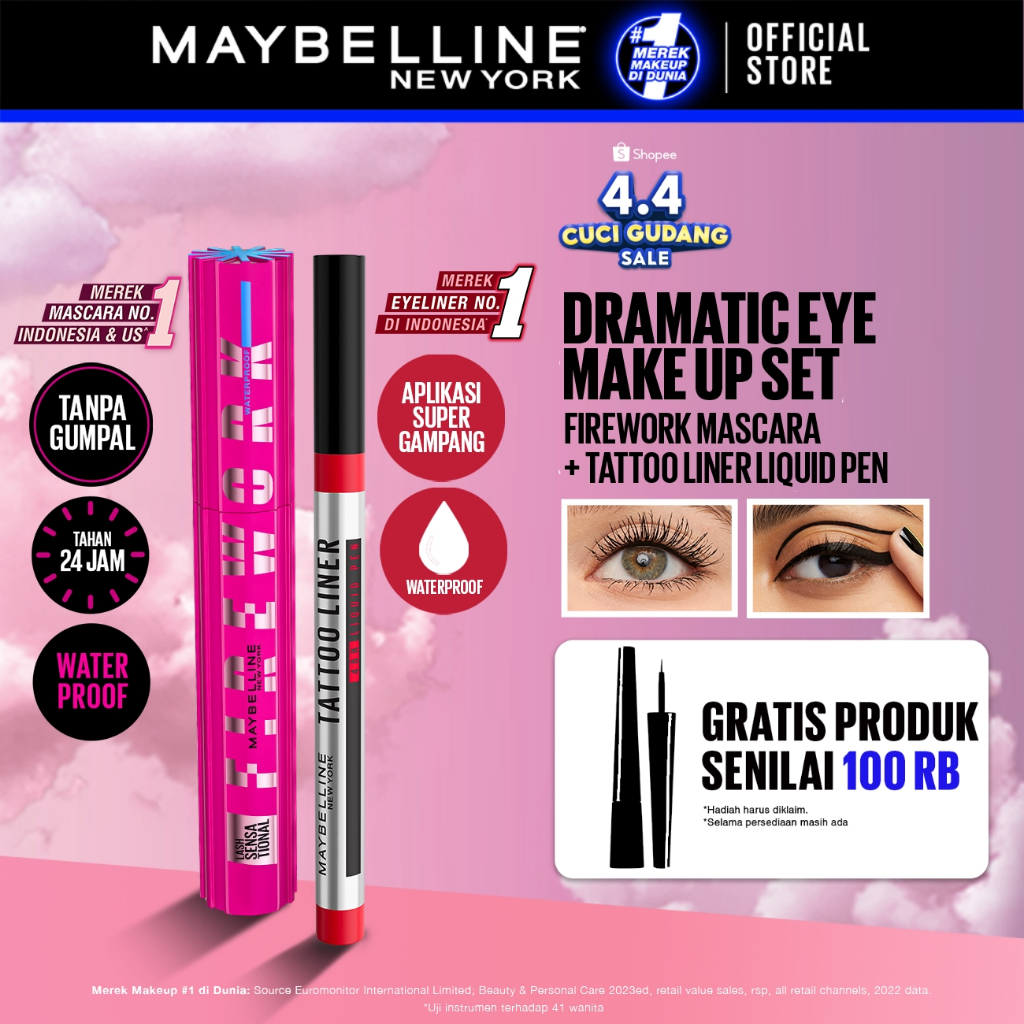 MAYBELLINE OFFICIAL Paket Makeup EYE Firework Mascara + Tattoo 48h Eyeliner - Waterproof Maskara Eye