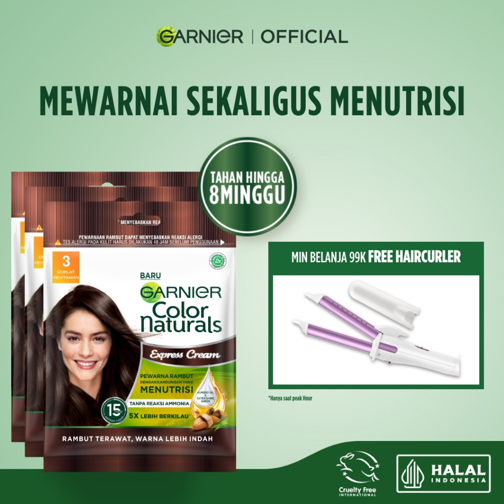GARNIER Hair Colour Pewarna Rambut Permanen ISI 3 Sachet 20ml #3 Coklat Gelap | Cat Rambut Tanpa Amo
