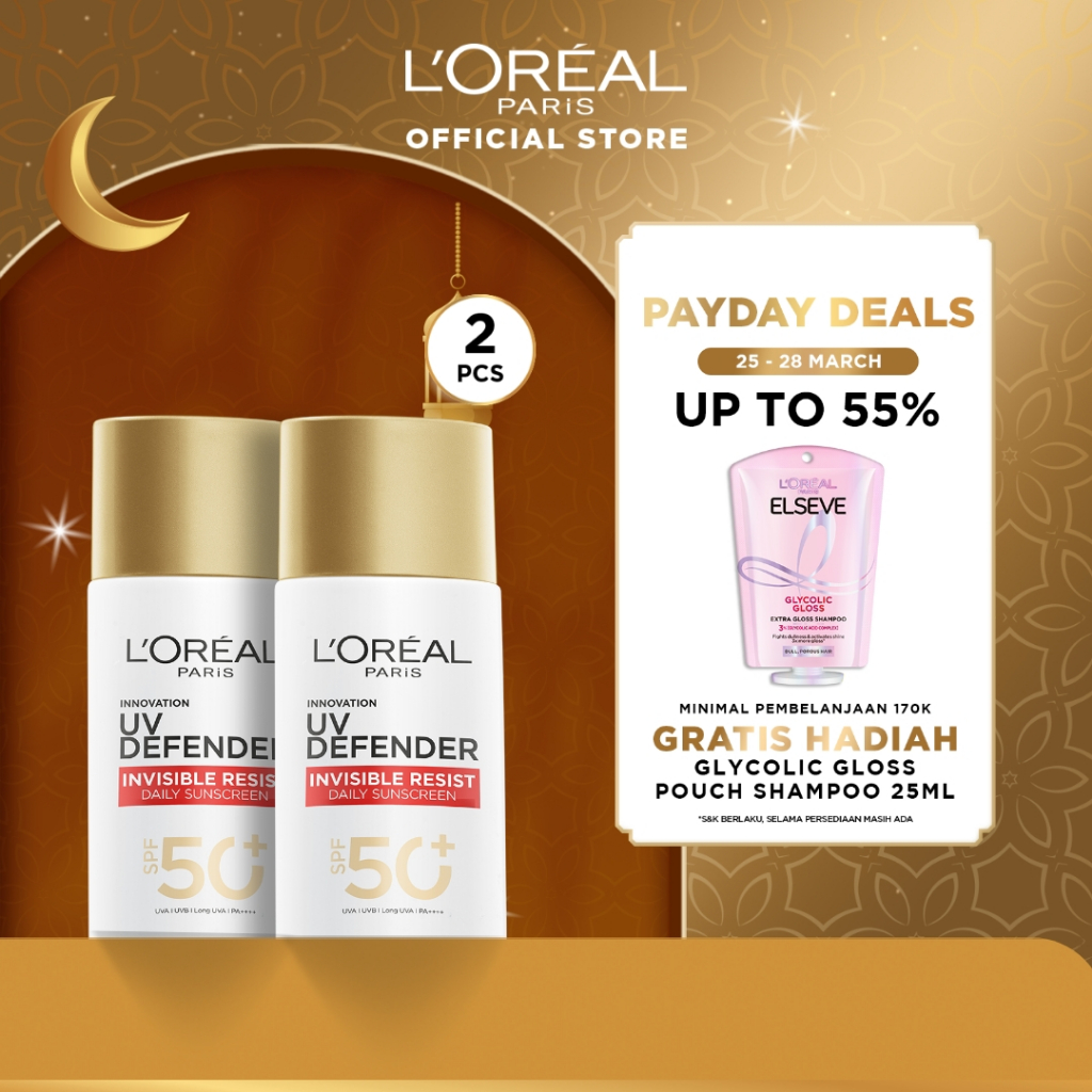 L'Oreal Paris UV Defender Invisible Resist Sunscreen SPF50+ PA++++ x2Pcs-Sunblock Loreal 50mlx2 Kuli