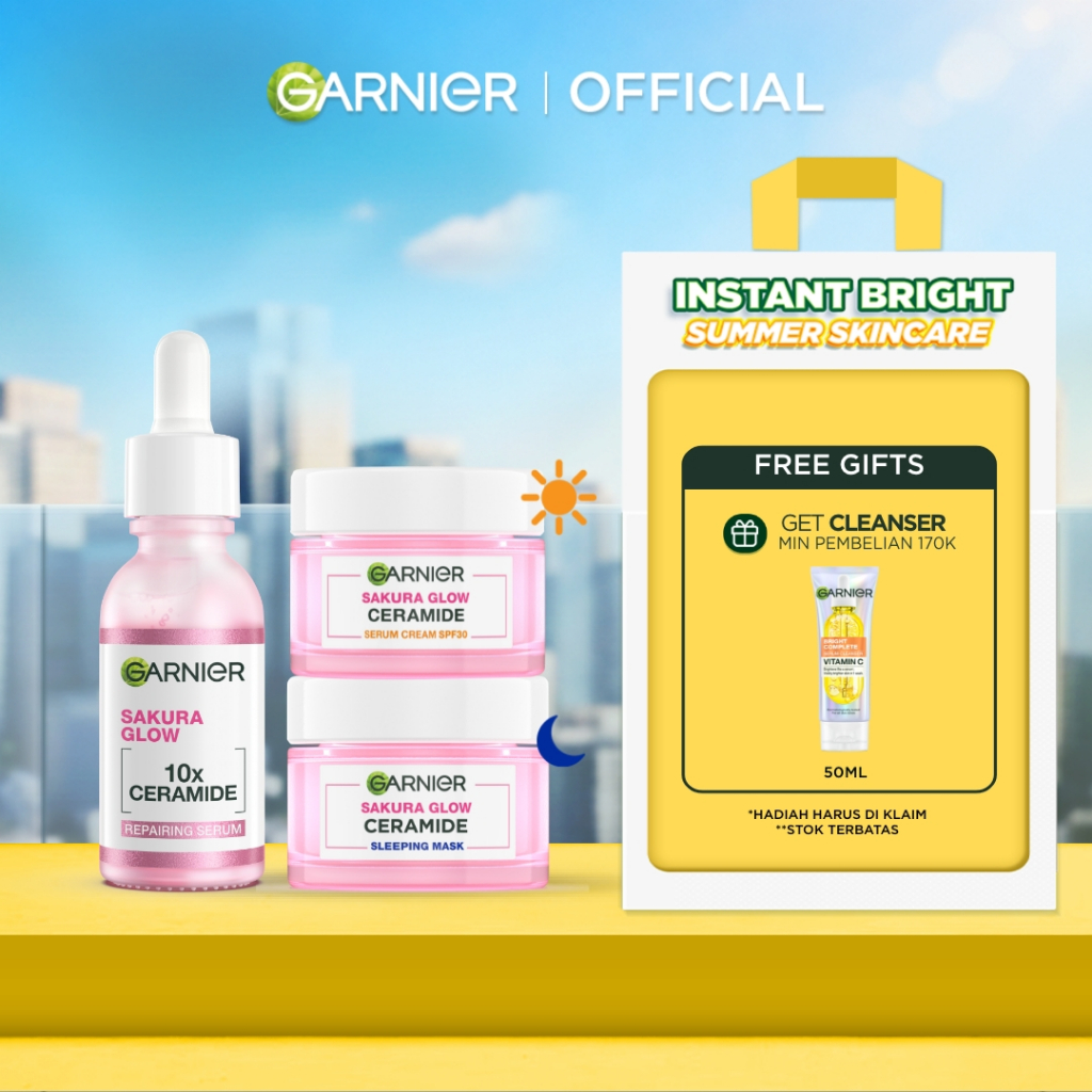 GARNIER Paket Skincare 1 Set Lengkap Sakura Glow Ceramide Skin Barrier Hydrating Daily Set Serum & C