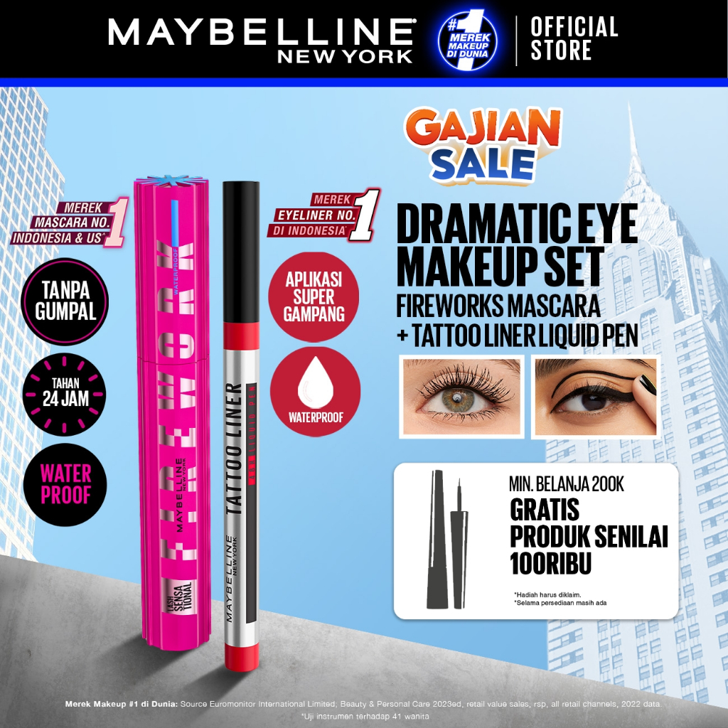 MAYBELLINE OFFICIAL Paket Makeup EYE Firework Mascara + Tattoo 48h Eyeliner - Waterproof Maskara Eye