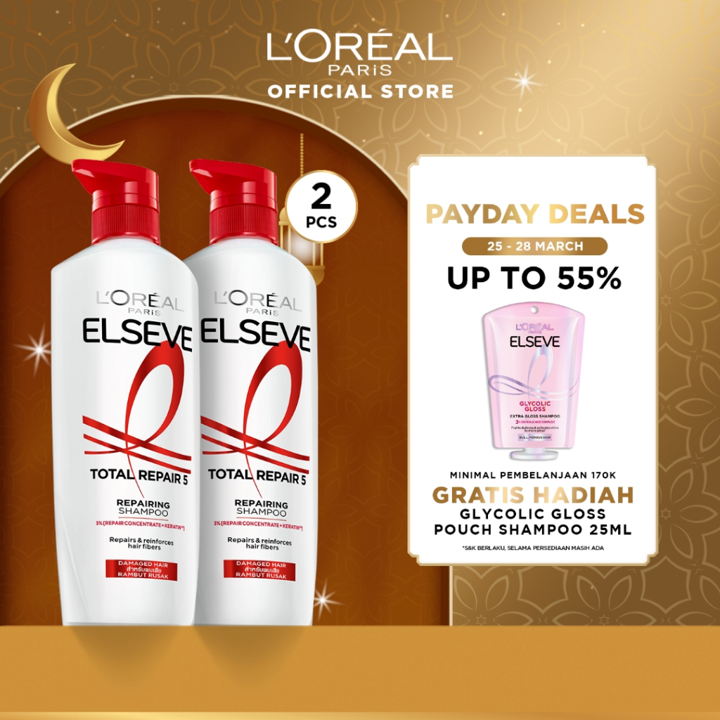 [PAKET HEMAT ISI 2] L'Oreal Paris Elseve Total Repair 5 Shampoo 620ml x2Pcs - Hair Care Perawatan Ra
