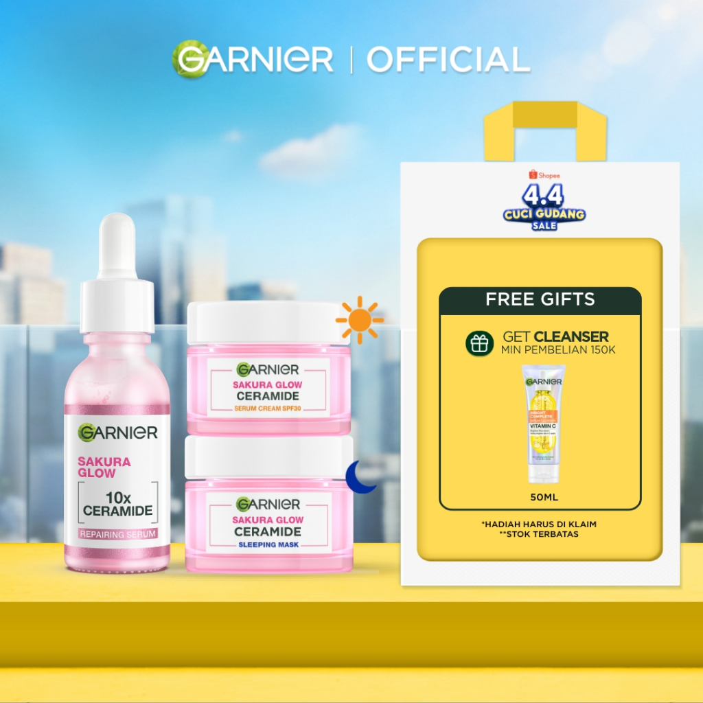GARNIER Paket Skincare 1 Set Lengkap Sakura Glow Ceramide Skin Barrier Hydrating Daily Set Serum & C