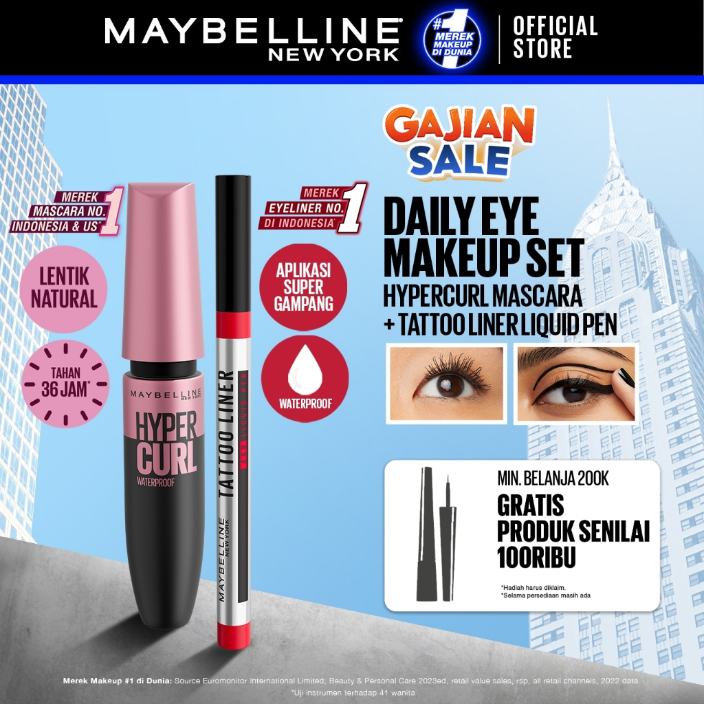 MAYBELLINE OFFICIAL Daily Eye Makeup Bundle Hypercurl Waterproof Mascara + Tattoo Liner 48H Liquid P